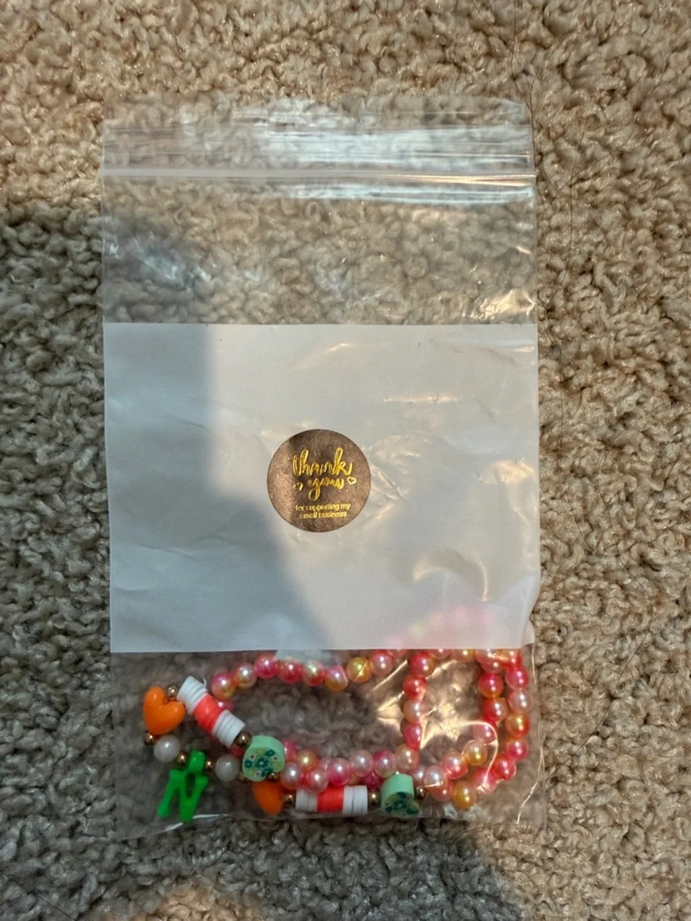 Kids Beaded Heart Necklace with Green Initial Charm - Pink & Orange